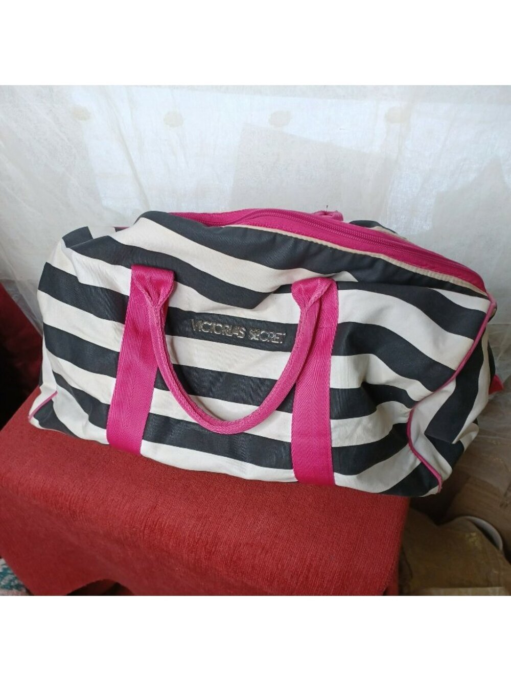 Victorias Secret Stripe Black White Pink Shoulder Travel Gym Duffel Carry On Bag